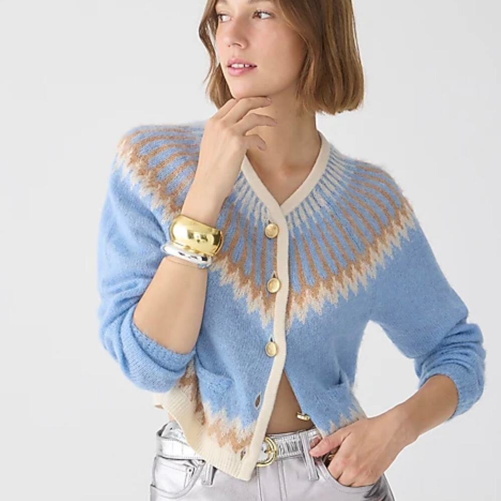 J. Crew Fair Isle cardigan sweater in brushed yarn Size S Blue Gold